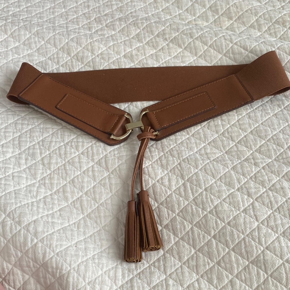 Preppy Academia Brown Faux Leather Tassel Belt gold buckle 2.25” wide Elastic